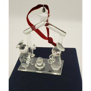 Crystal Nativity Scene Ornament in Velvet Box Mary Joseph Baby Jesus, Red Ribbon